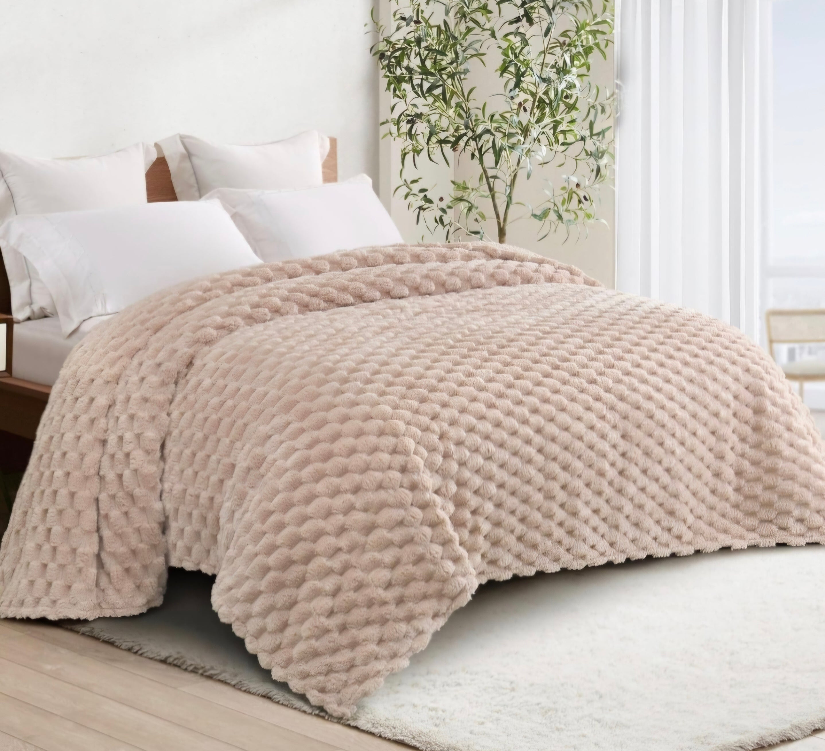 Sengetæppe beige, fluffy