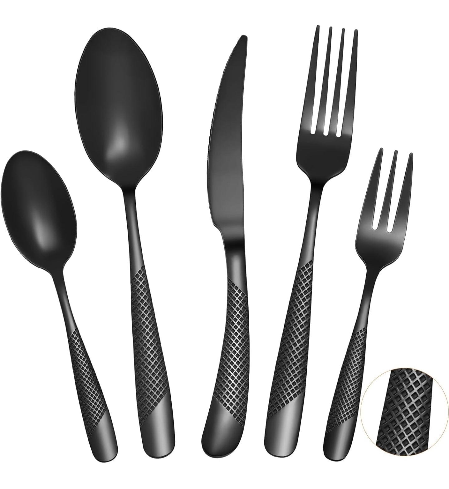 Bestik til 1 pers. Sort tern. Kniv, gaffel, kagegaffel, ske, teske