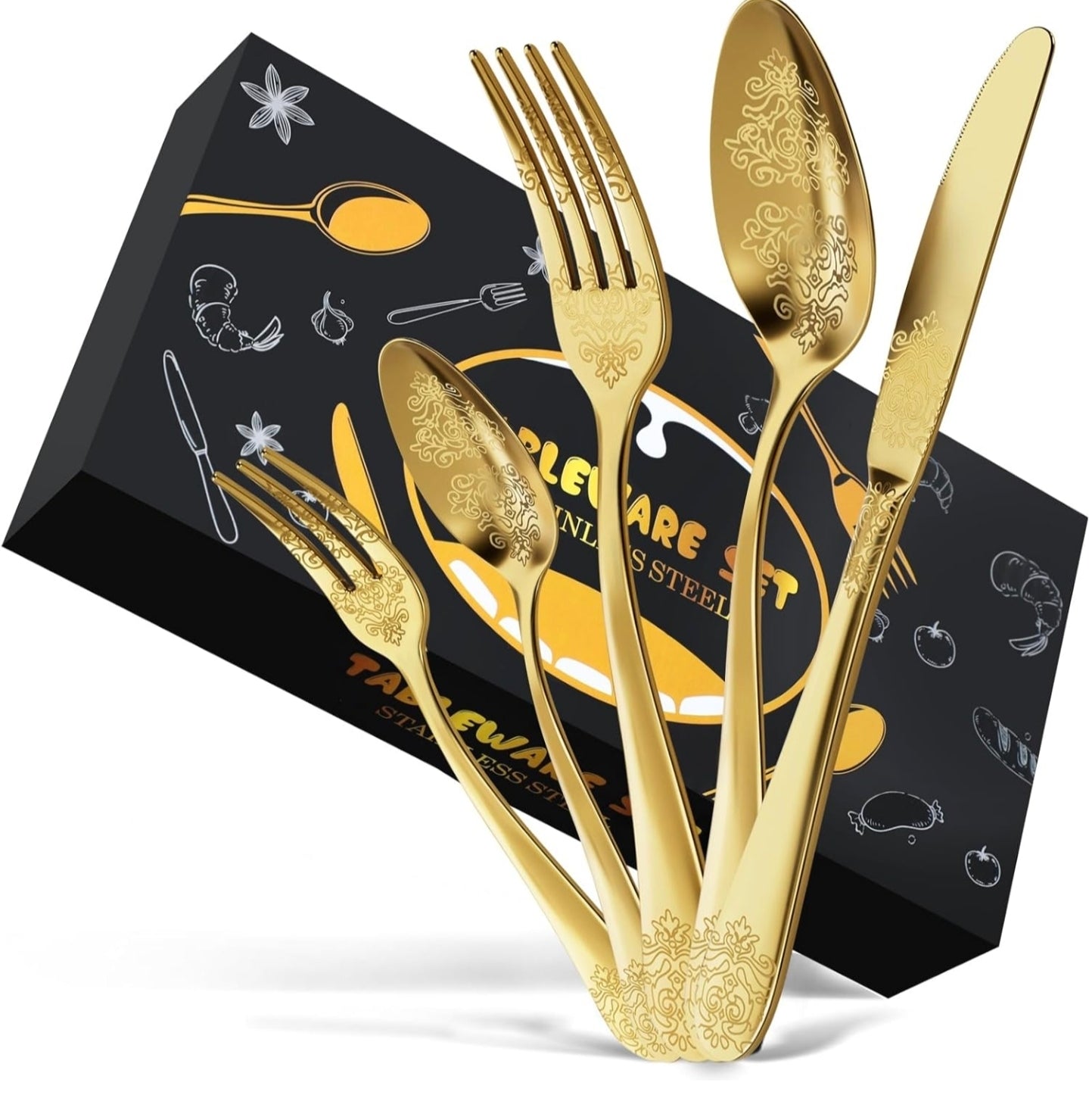 Bestik m/guld mønster til 1 person. Kniv, gaffel, kagegaffel, ske, teske.