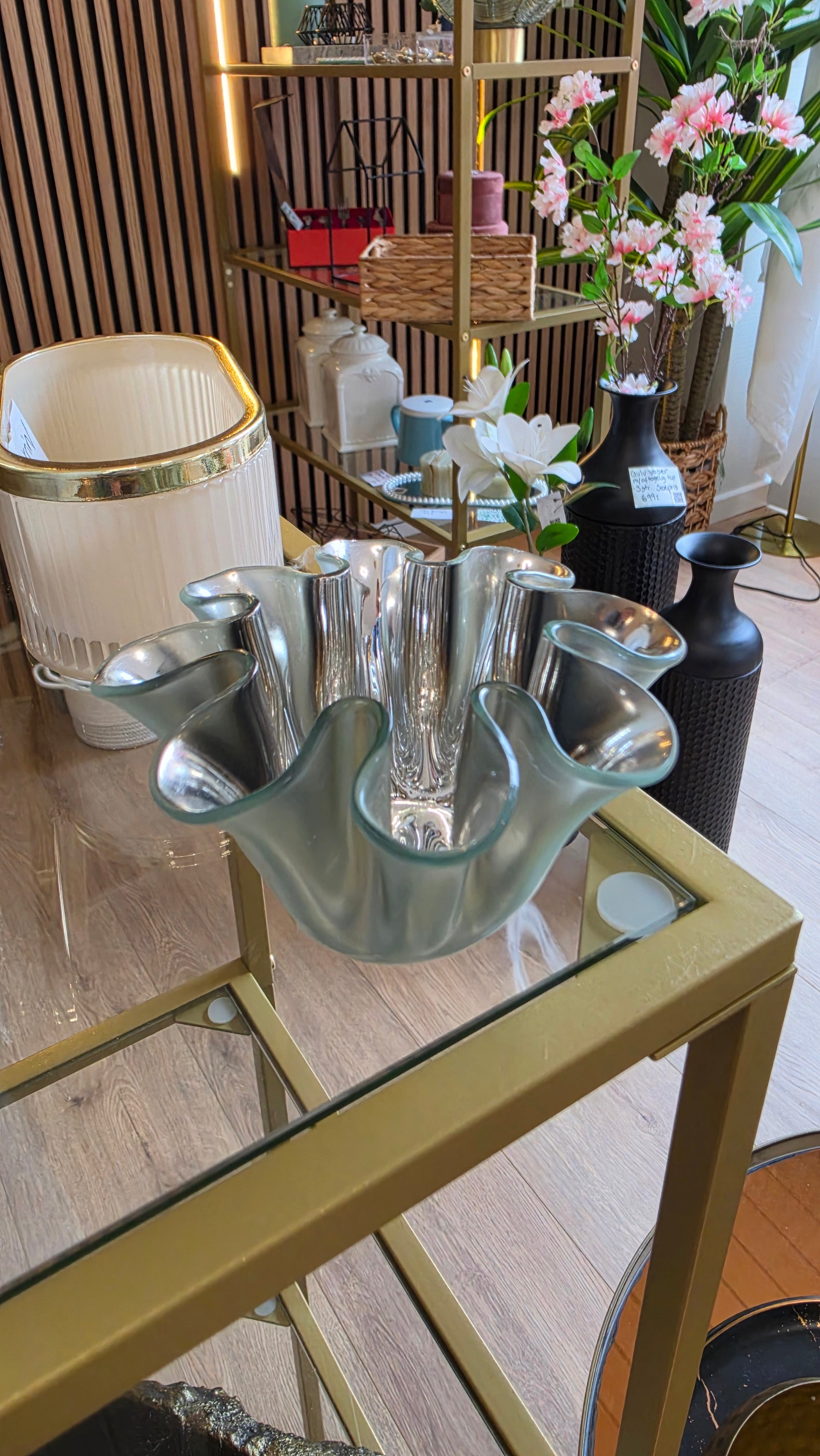 Fyrfadsstage, glas, sølv, foldet