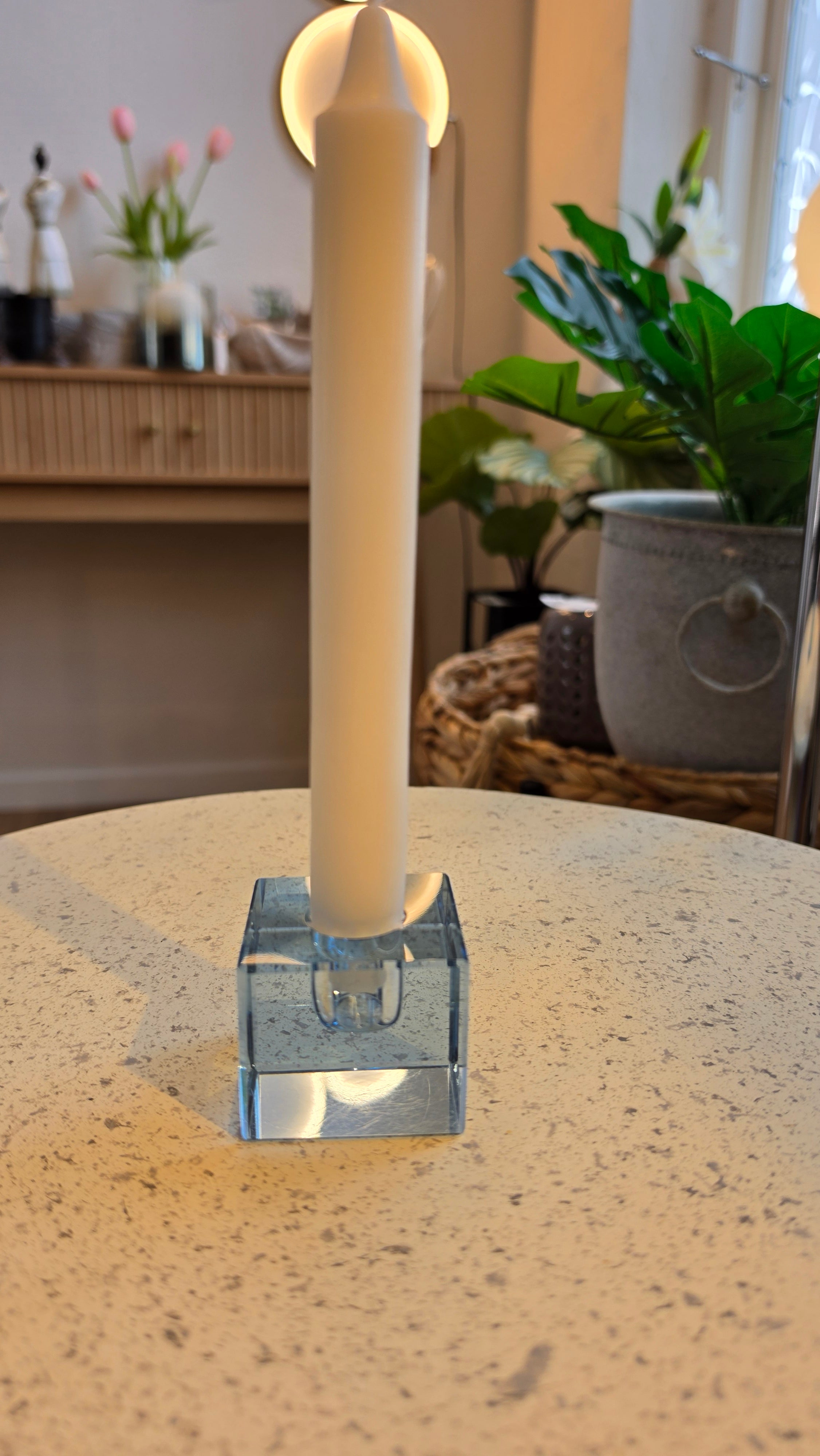 Firkantet lysestage, glas, blålig