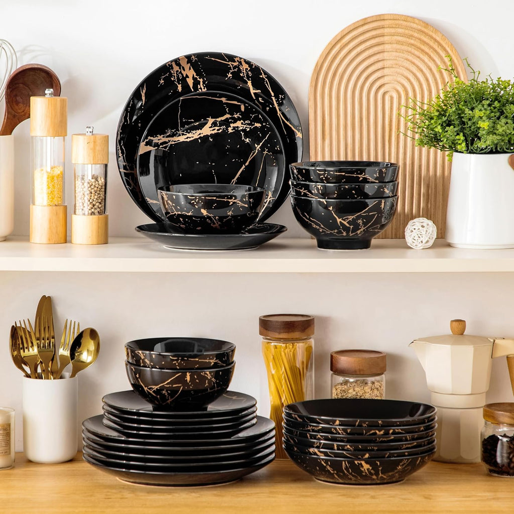 Dyb tallerken, sort m/guld marmor look