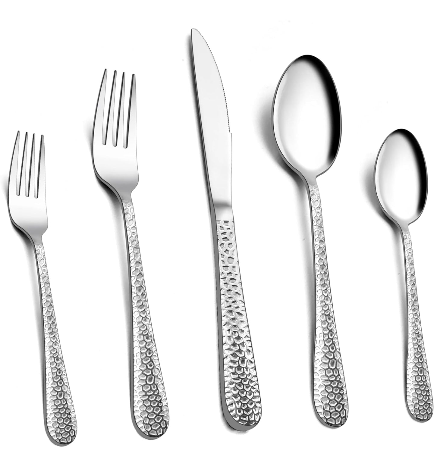 Bestik til 1 pers. Banket overflade, kniv, gaffel, kagegaffel ske, teske.